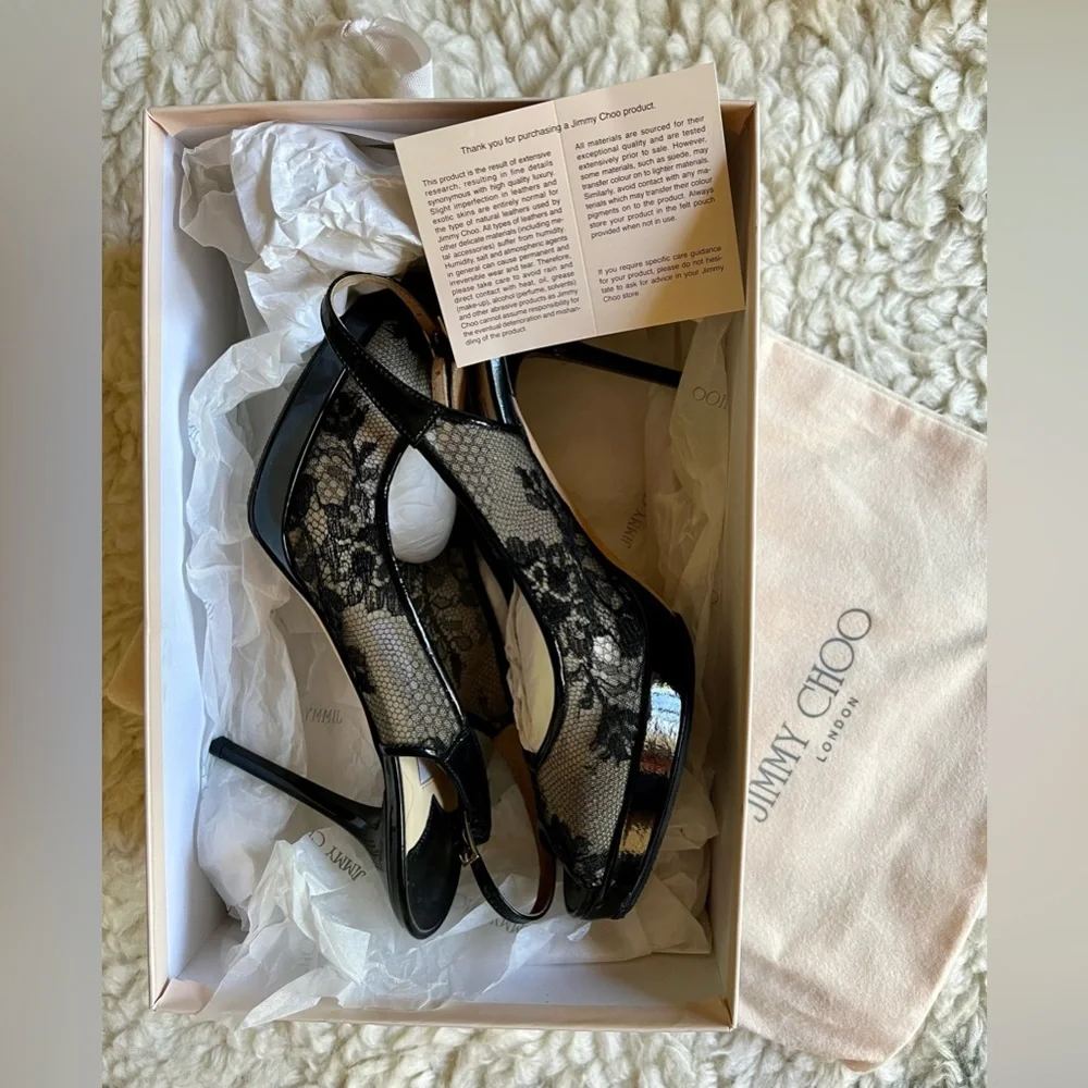 Jimmy Choo Nova 100mm Black Floral Lace Mesh Slingback Peep Toe Sandal Heels 38 - Picture 4 of 12